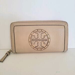 Tory Burch Beige Tan Pebble Leather Zip Around Large Wallet Long Clutch Logo
